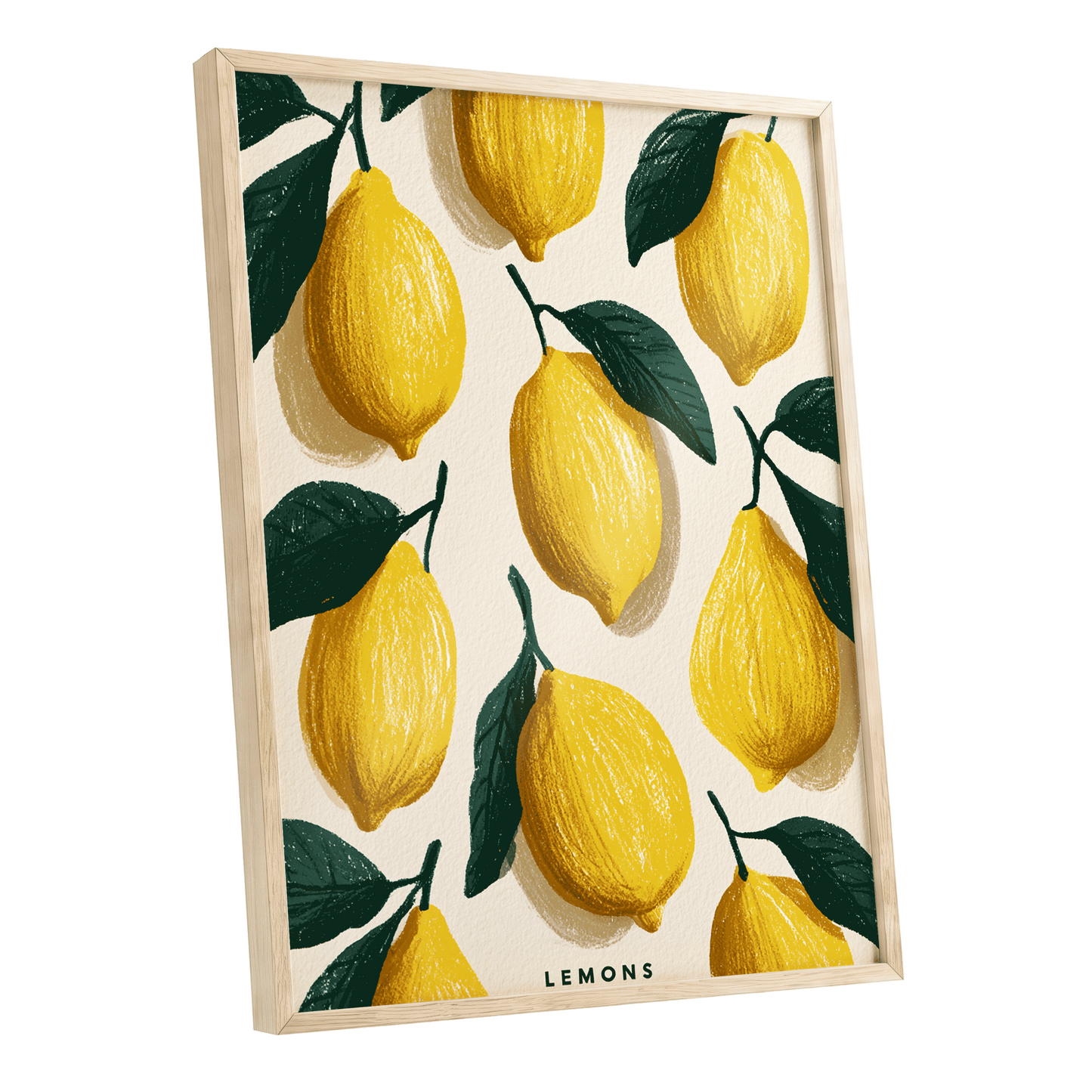 Lemons in the Sun, yellow, green, beige nature wall art shown as a oak framed poster wall art print