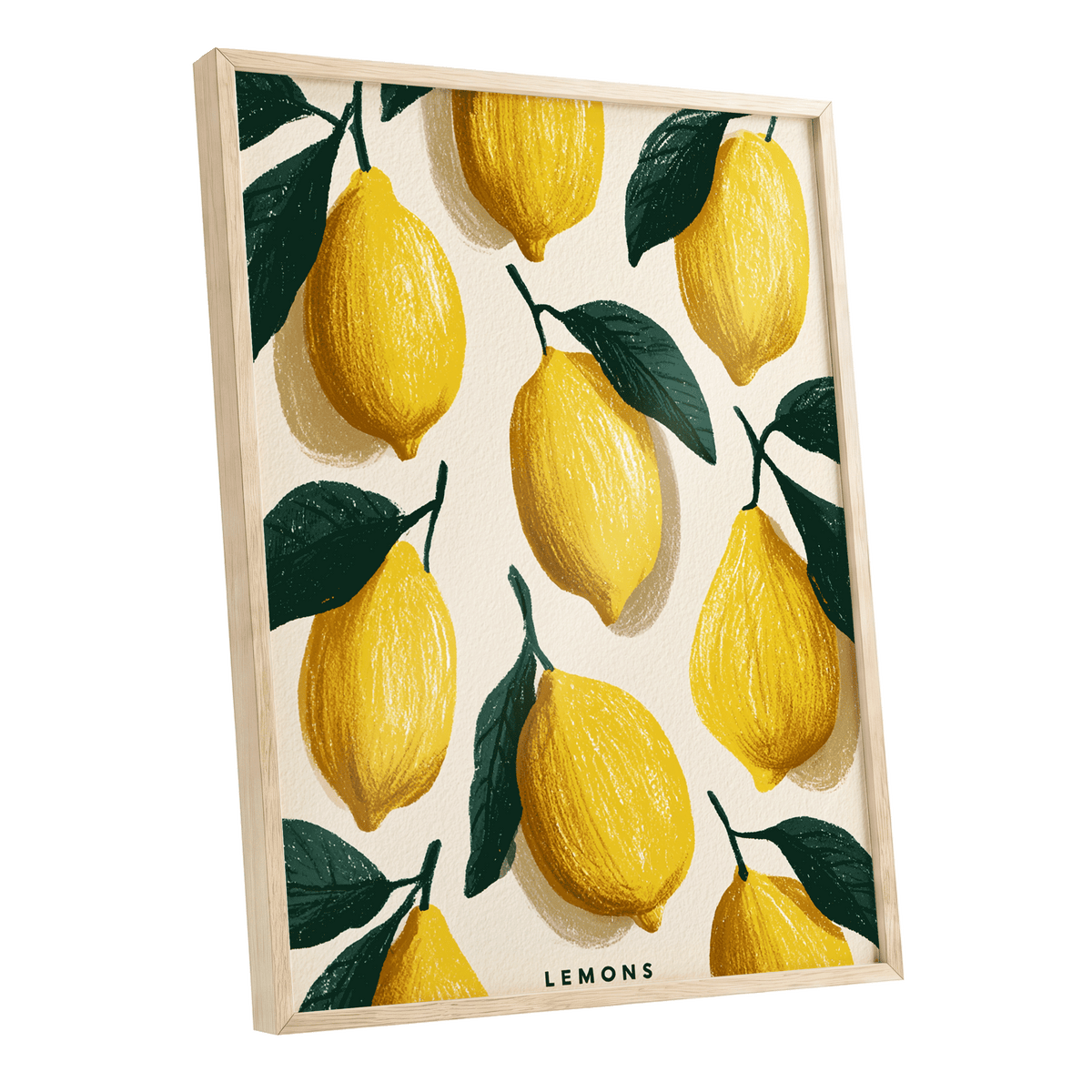 Lemons in the Sun, yellow, green, beige nature wall art shown as a oak framed poster wall art print
