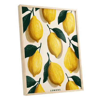 Lemons in the Sun, yellow, green, beige nature wall art shown as a oak framed poster wall art print