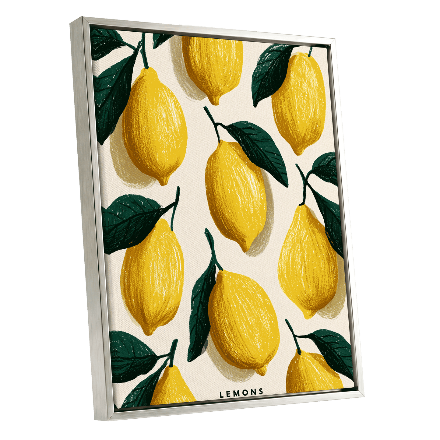 Lemons in the Sun, yellow, green, beige nature wall art shown as a silver framed canvas wall art