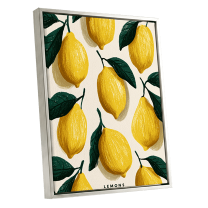 Lemons in the Sun, yellow, green, beige nature wall art shown as a silver framed canvas wall art