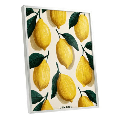 Lemons in the Sun, yellow, green, beige nature wall art shown as a silver framed poster wall art print