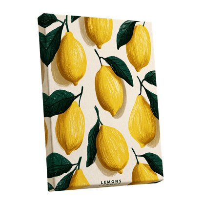 Lemons in the Sun, yellow, green, beige nature wall art shown as a stretched canvas wall art