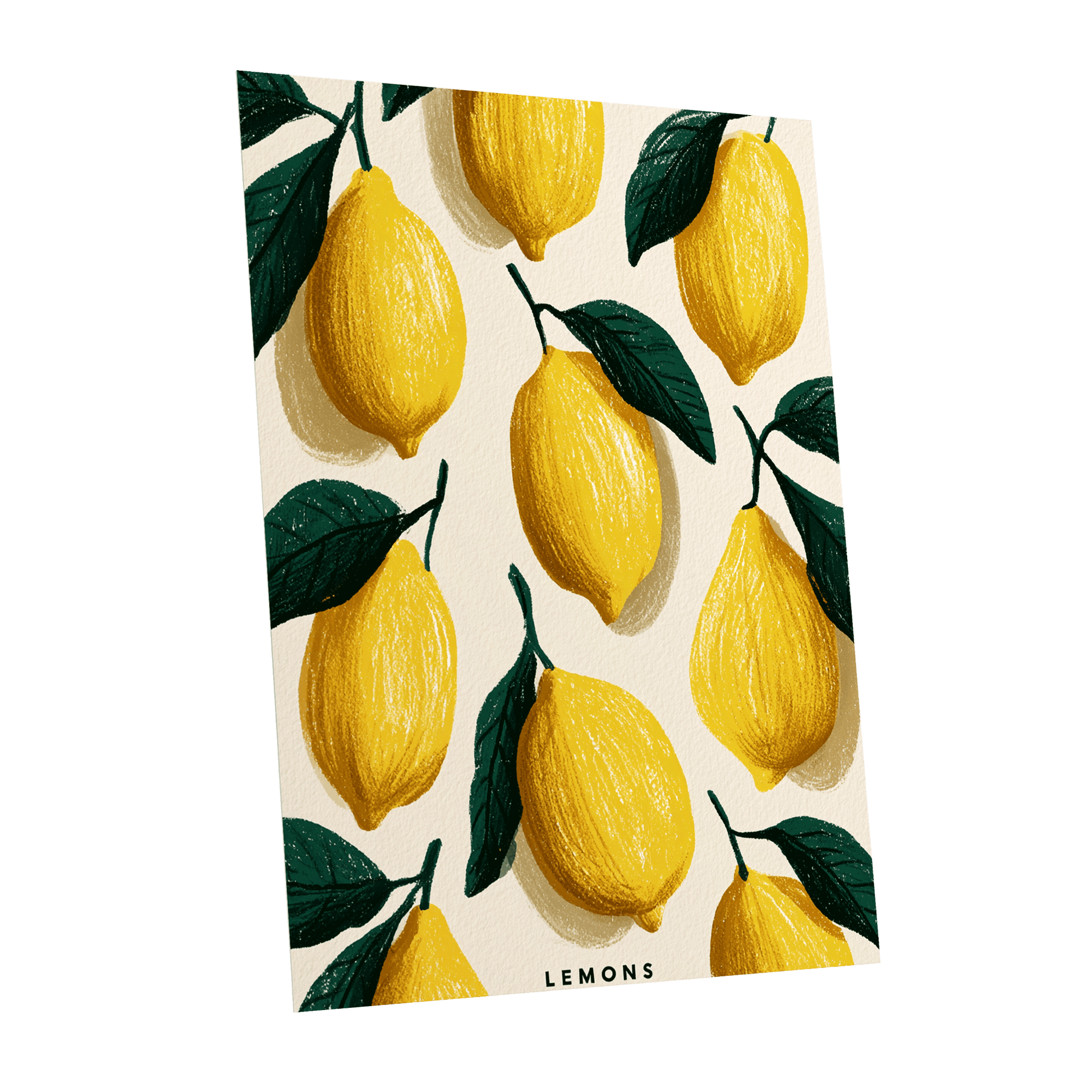Lemons in the Sun, yellow, green, beige nature wall art shown as a unframed poster wall art print