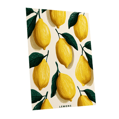Lemons in the Sun, yellow, green, beige nature wall art shown as a unframed poster wall art print