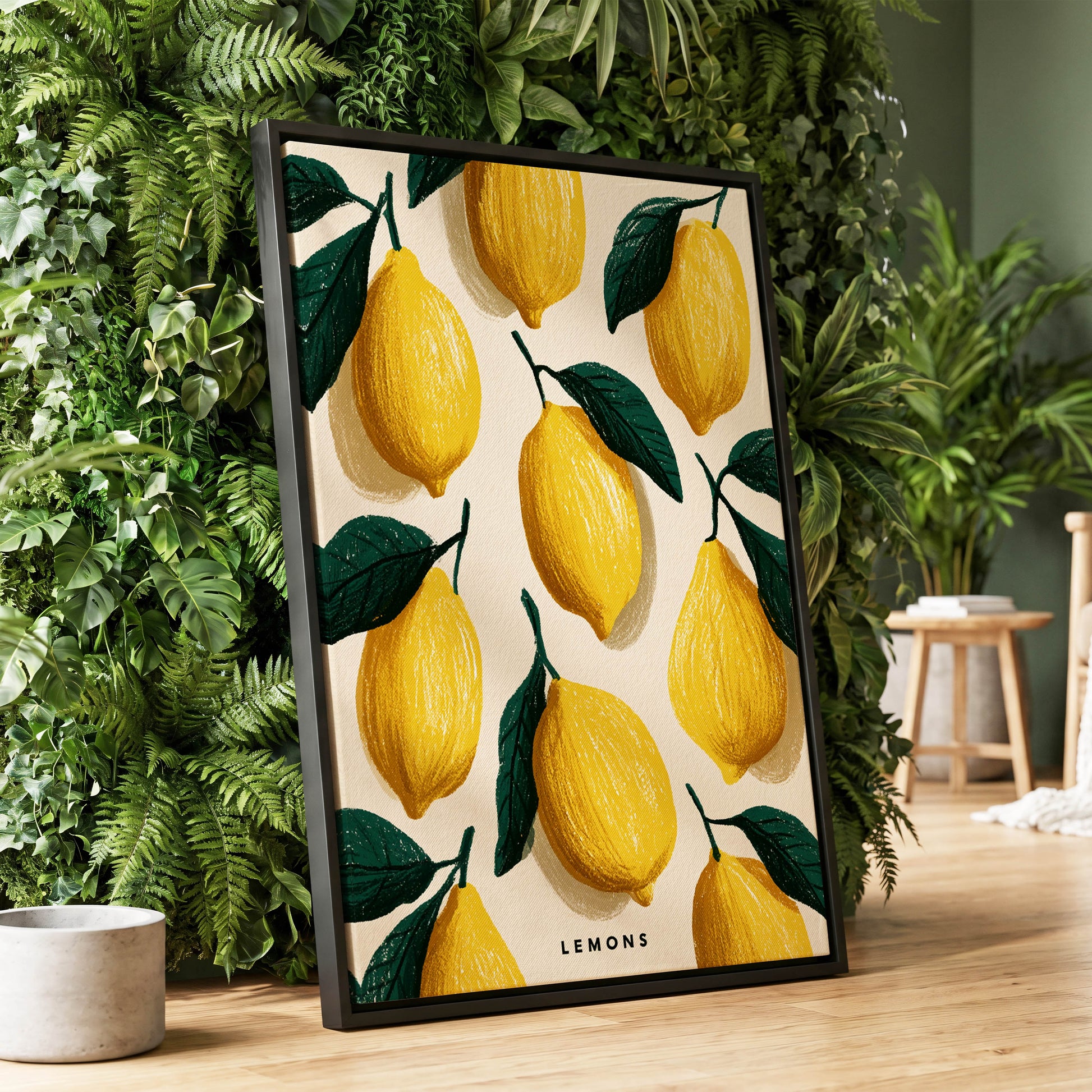 Lemons in the Sun, yellow, green, beige nature wall art displayed in a styled interior, gallery view 1