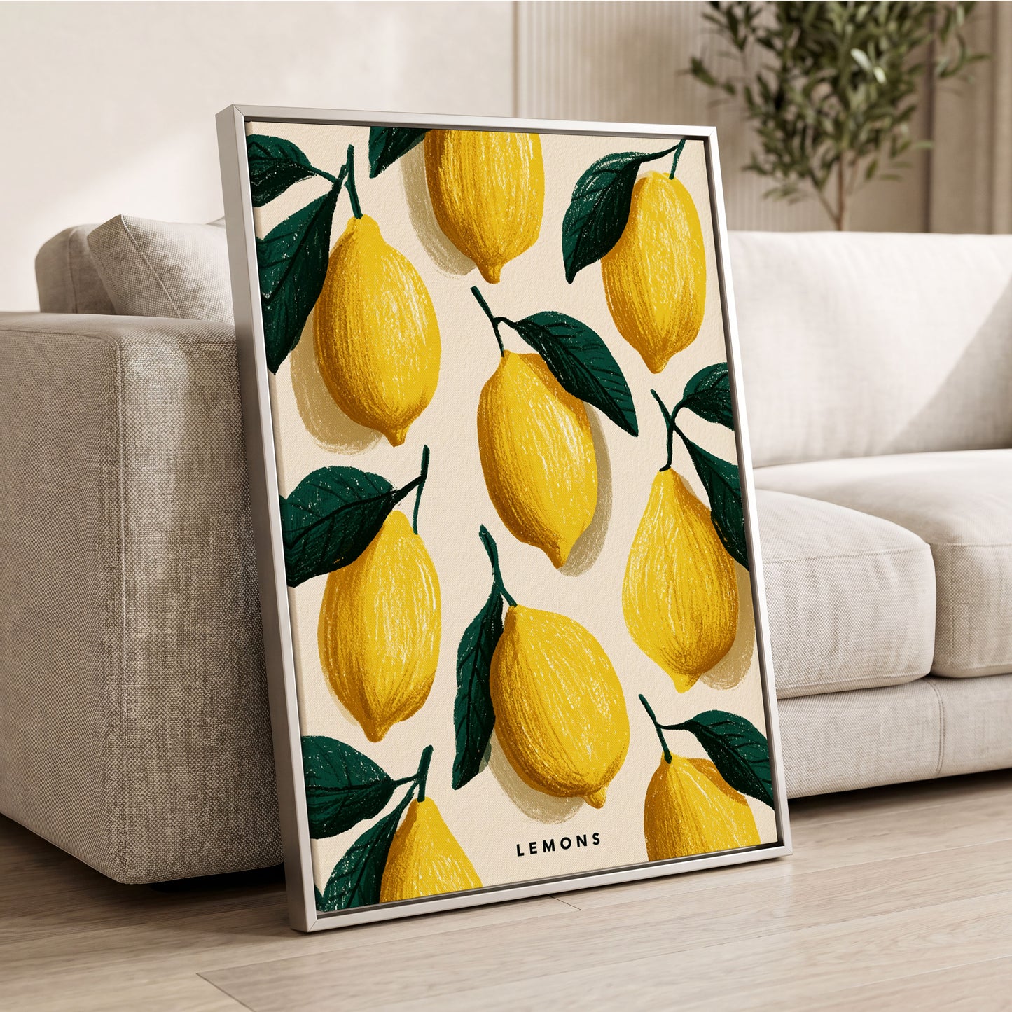 Lemons in the Sun, yellow, green, beige nature wall art displayed in a styled interior, gallery view 2