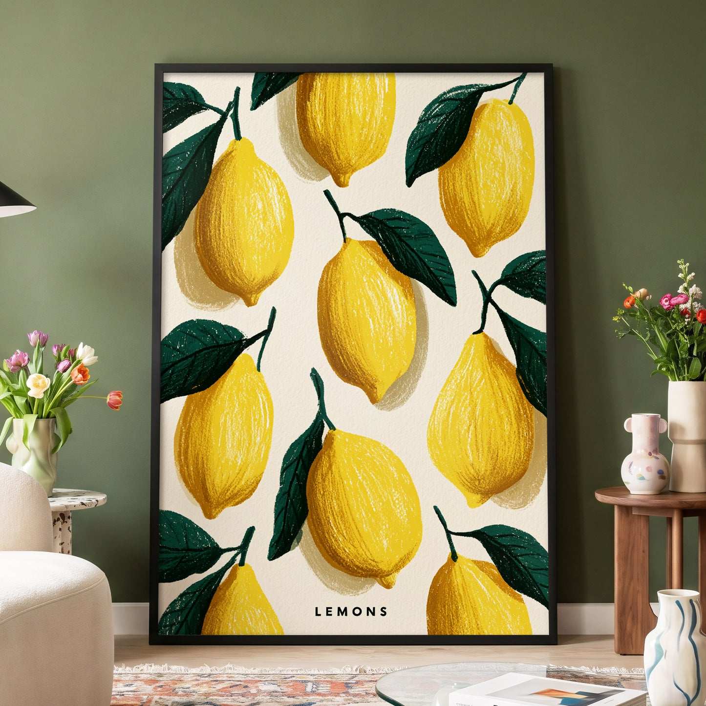 Lemons in the Sun, yellow, green, beige nature wall art displayed in a styled interior, gallery view 4