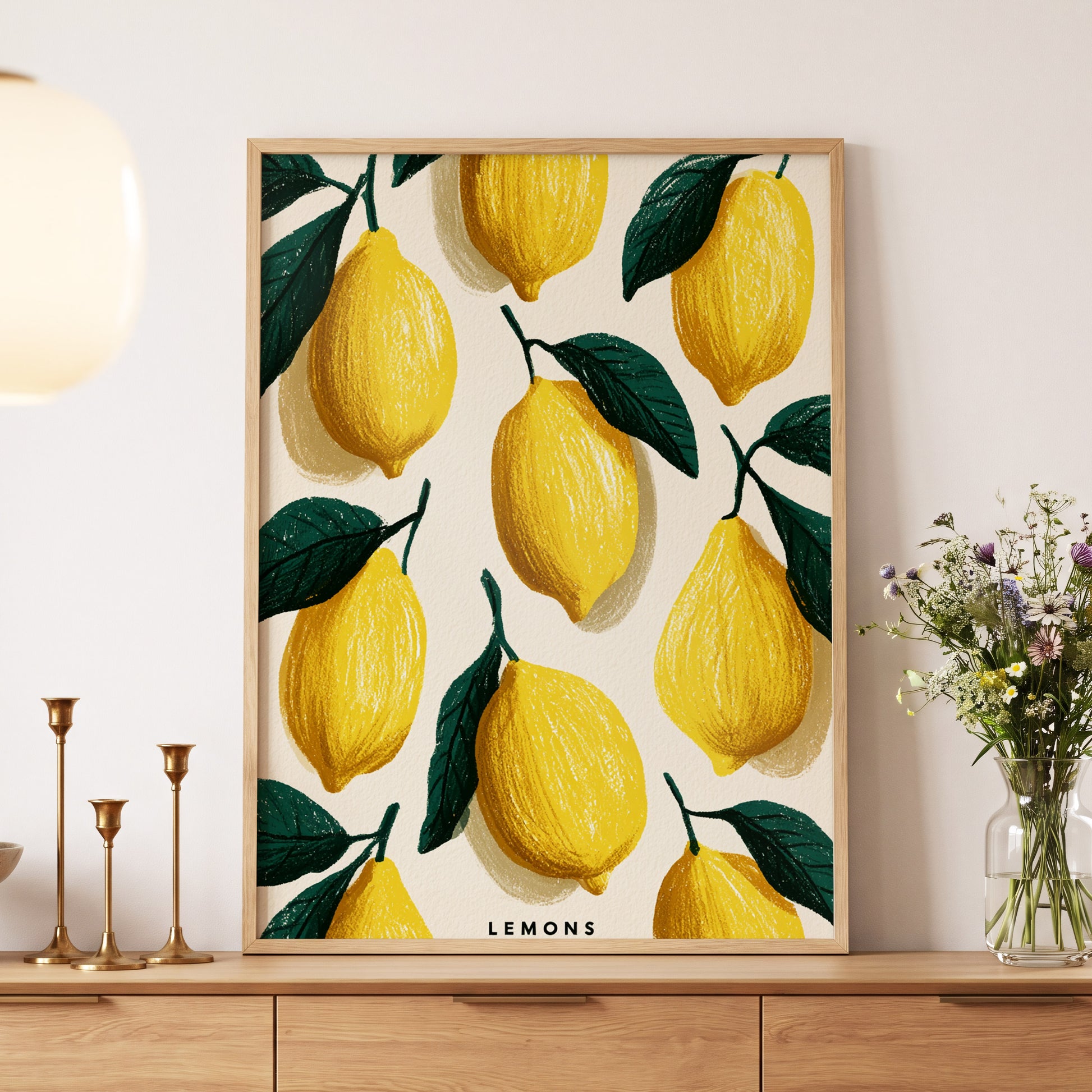 Lemons in the Sun, yellow, green, beige nature wall art displayed in a styled interior, gallery view 5