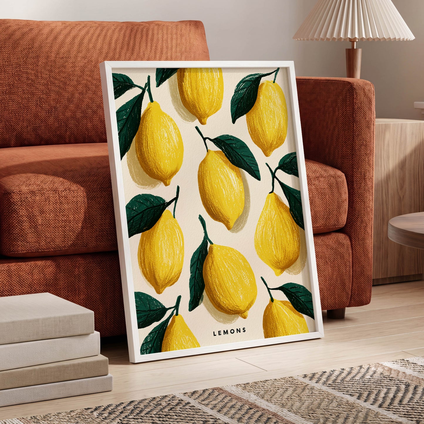 Lemons in the Sun, yellow, green, beige nature wall art displayed in a styled interior, gallery view 6