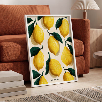 Lemons in the Sun, yellow, green, beige nature wall art displayed in a styled interior, gallery view 6
