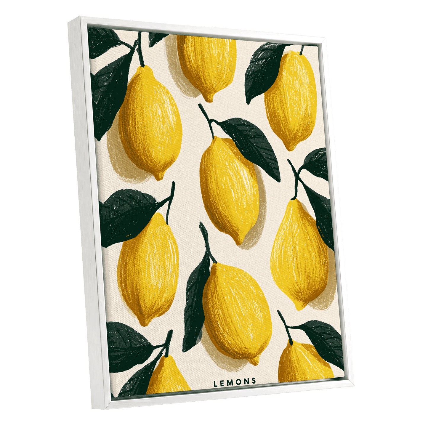 Lemons in the Sun, yellow, green, beige nature wall art shown as a white framed canvas wall art