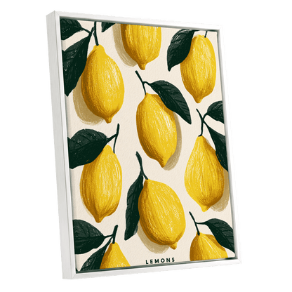 Lemons in the Sun, yellow, green, beige nature wall art shown as a white framed canvas wall art