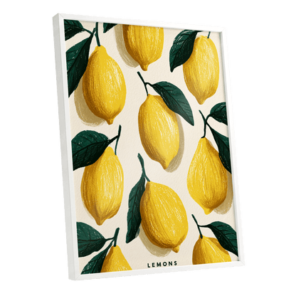 Lemons in the Sun, yellow, green, beige nature wall art shown as a white framed poster wall art print