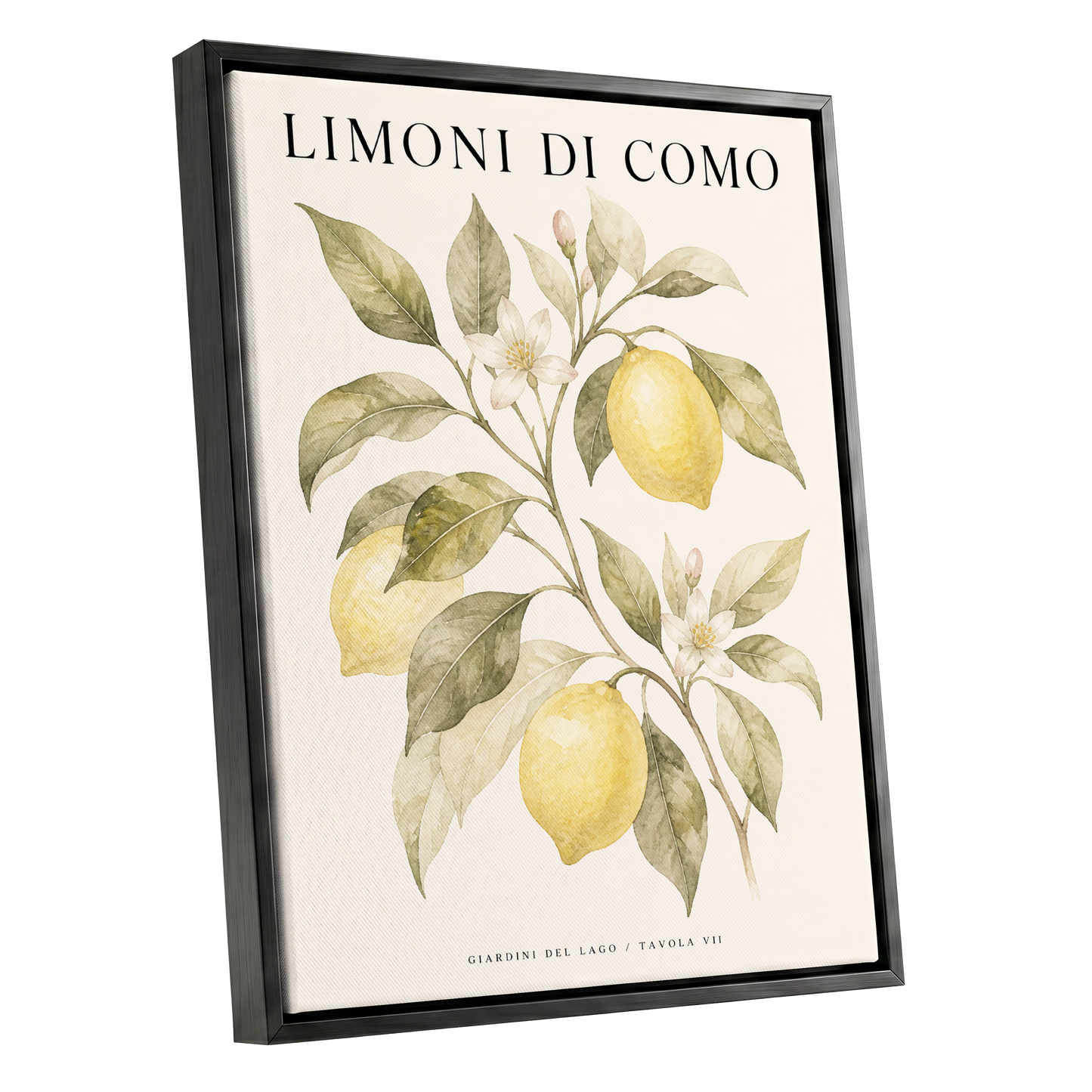 Lemons of Lake Como, yellow, green, beige nature wall art shown as a black framed canvas wall art