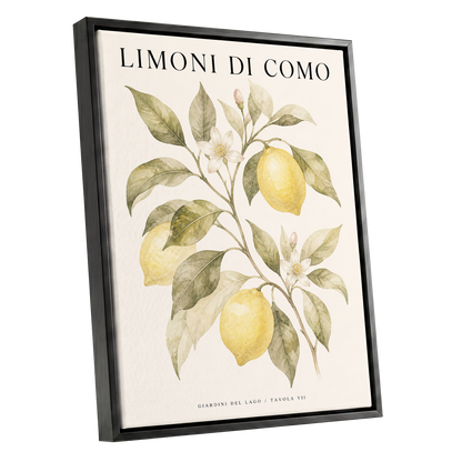 Lemons of Lake Como, yellow, green, beige nature wall art shown as a black framed canvas wall art