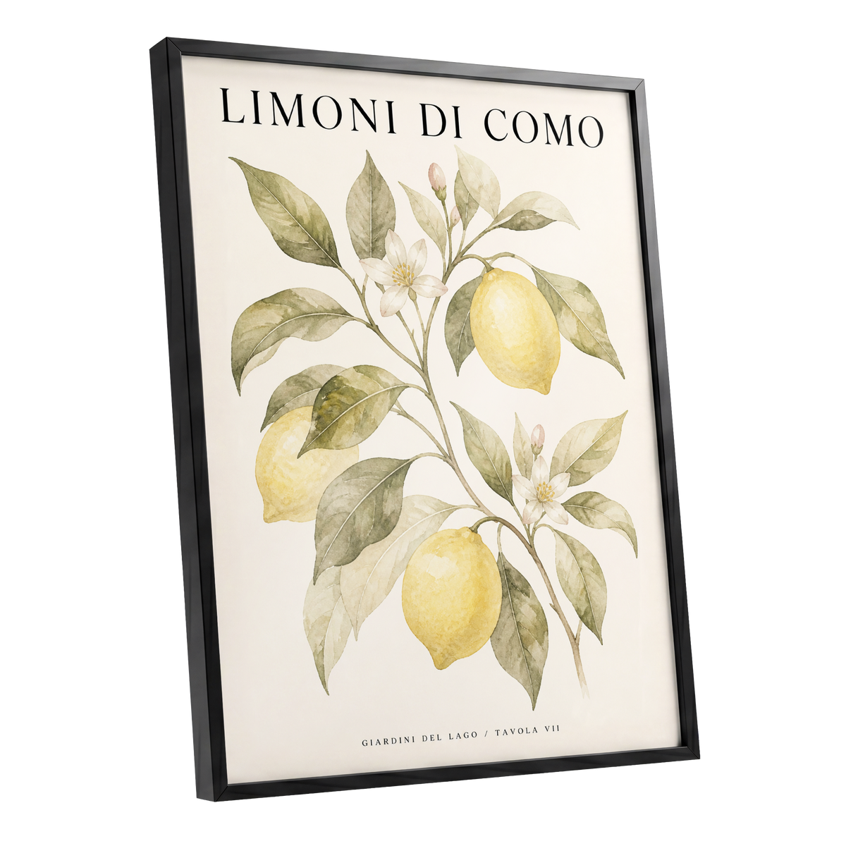 Lemons of Lake Como, yellow, green, beige nature wall art shown as a black framed poster wall art print
