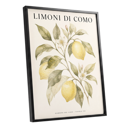 Lemons of Lake Como, yellow, green, beige nature wall art shown as a black framed poster wall art print