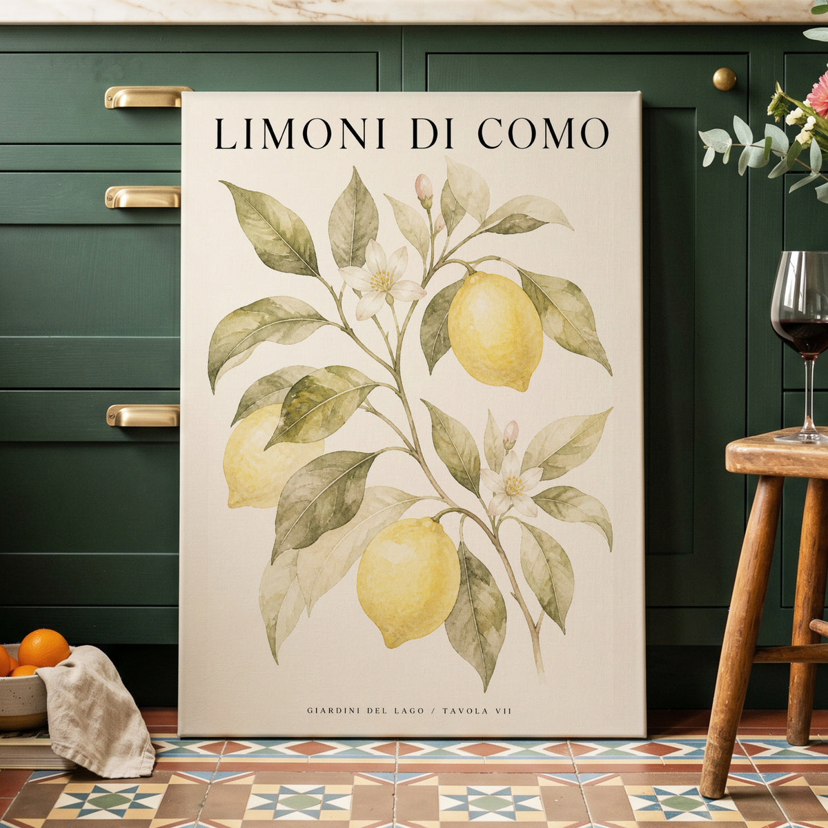 Lemons of Lake Como, yellow, green, beige nature wall art on canvas displayed in a styled interior, gallery view 1