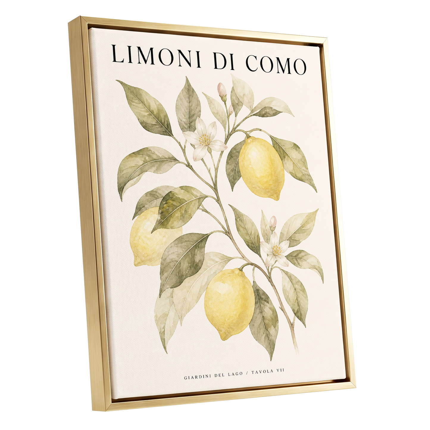 Lemons of Lake Como, yellow, green, beige nature wall art shown as a gold framed canvas wall art