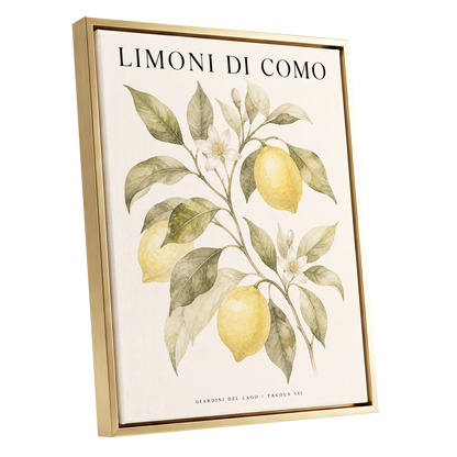 Lemons of Lake Como, yellow, green, beige nature wall art shown as a gold framed canvas wall art