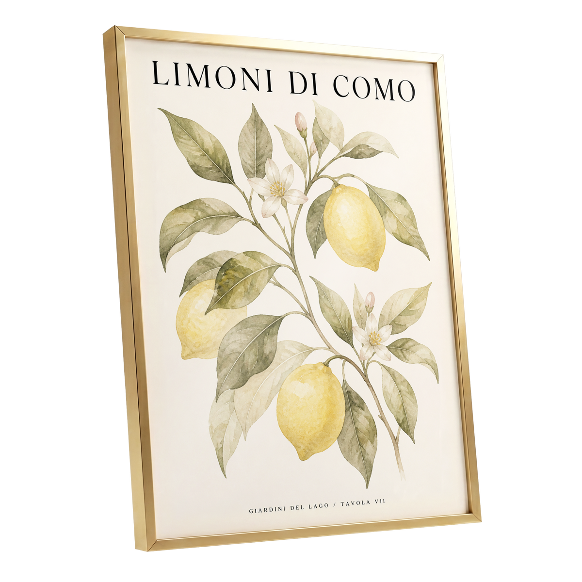 Lemons of Lake Como, yellow, green, beige nature wall art shown as a gold framed poster wall art print