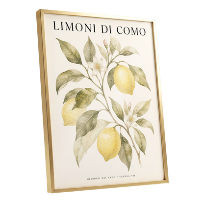 Lemons of Lake Como, yellow, green, beige nature wall art shown as a gold framed poster wall art print