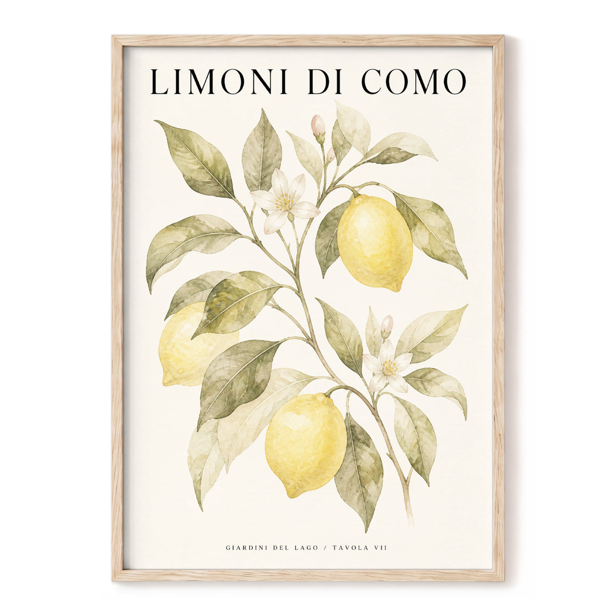 Lemons of Lake Como, yellow, green, beige nature wall art, front artwork view