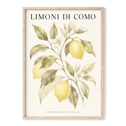 Lemons of Lake Como, yellow, green, beige nature wall art, front artwork view