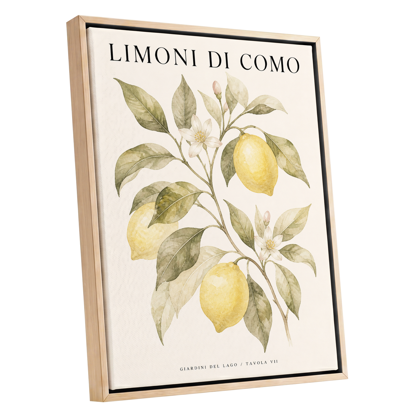 Lemons of Lake Como, yellow, green, beige nature wall art shown as a oak framed canvas wall art