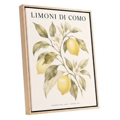 Lemons of Lake Como, yellow, green, beige nature wall art shown as a oak framed canvas wall art