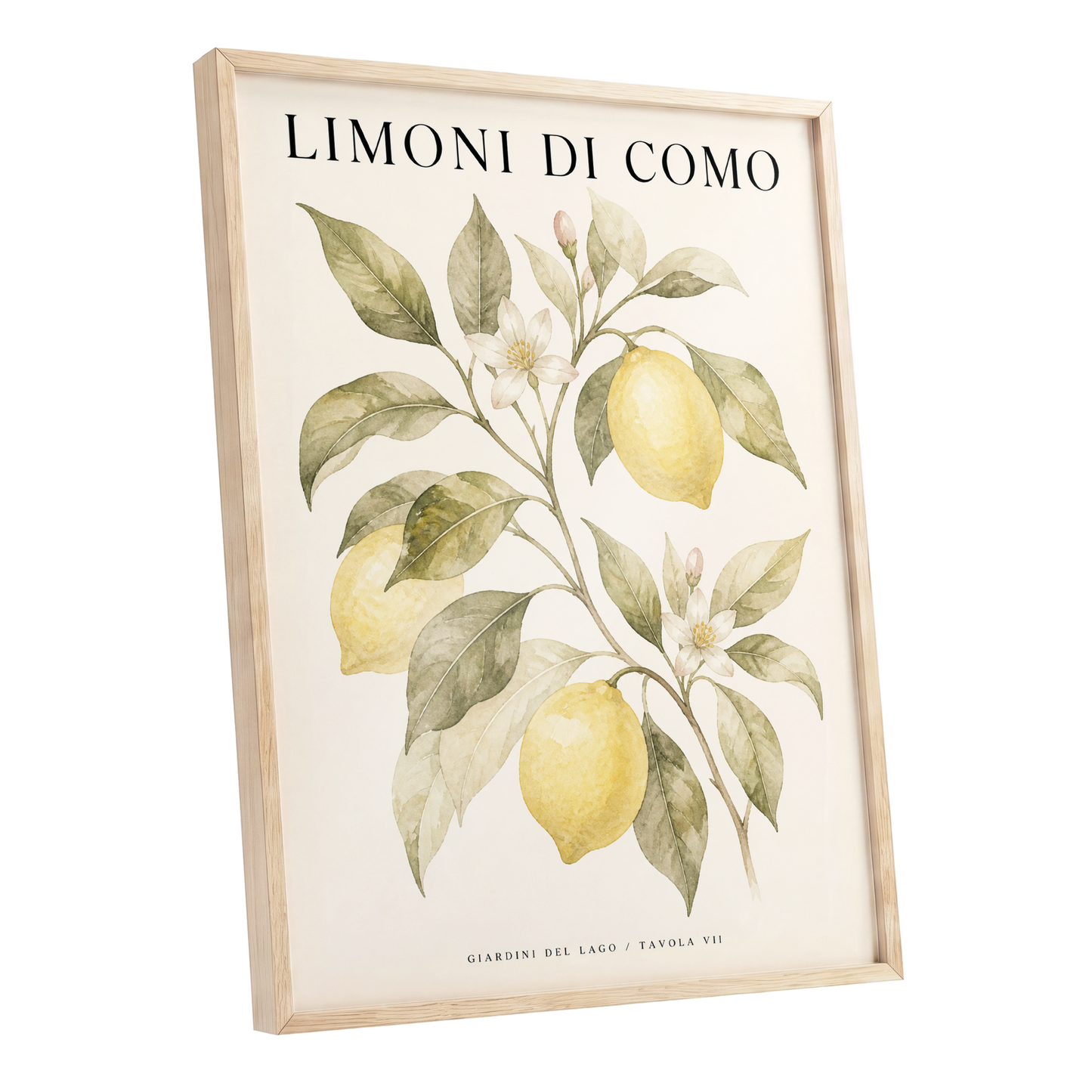 Lemons of Lake Como, yellow, green, beige nature wall art shown as a oak framed poster wall art print