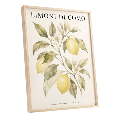 Lemons of Lake Como, yellow, green, beige nature wall art shown as a oak framed poster wall art print