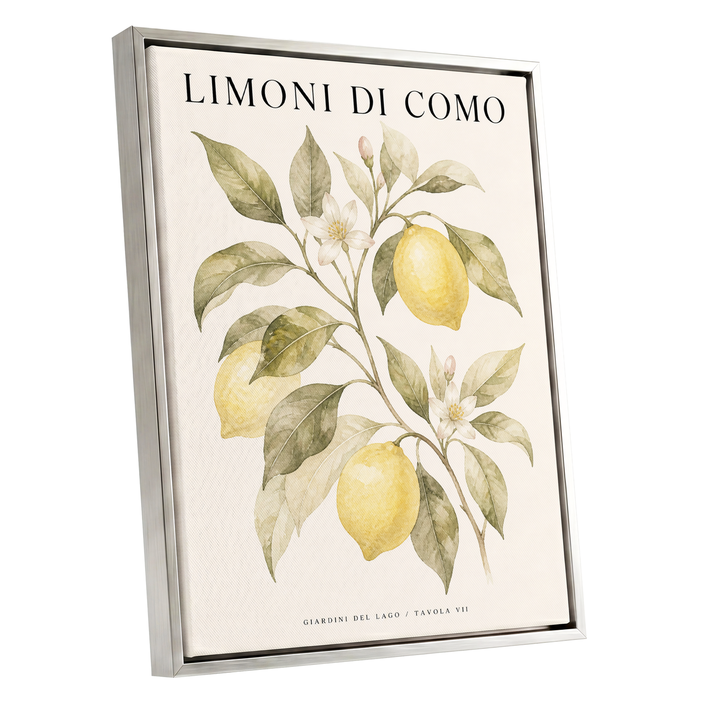 Lemons of Lake Como, yellow, green, beige nature wall art shown as a silver framed canvas wall art