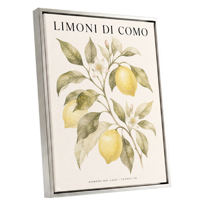 Lemons of Lake Como, yellow, green, beige nature wall art shown as a silver framed canvas wall art