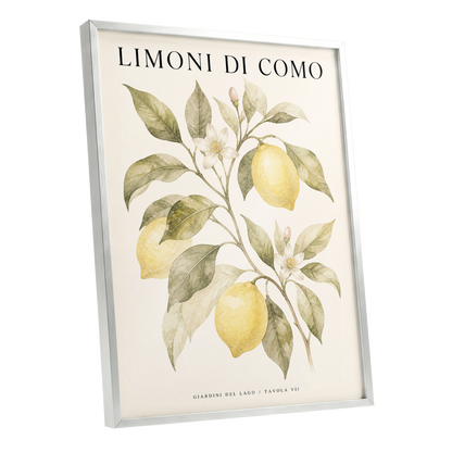 Lemons of Lake Como, yellow, green, beige nature wall art shown as a silver framed poster wall art print