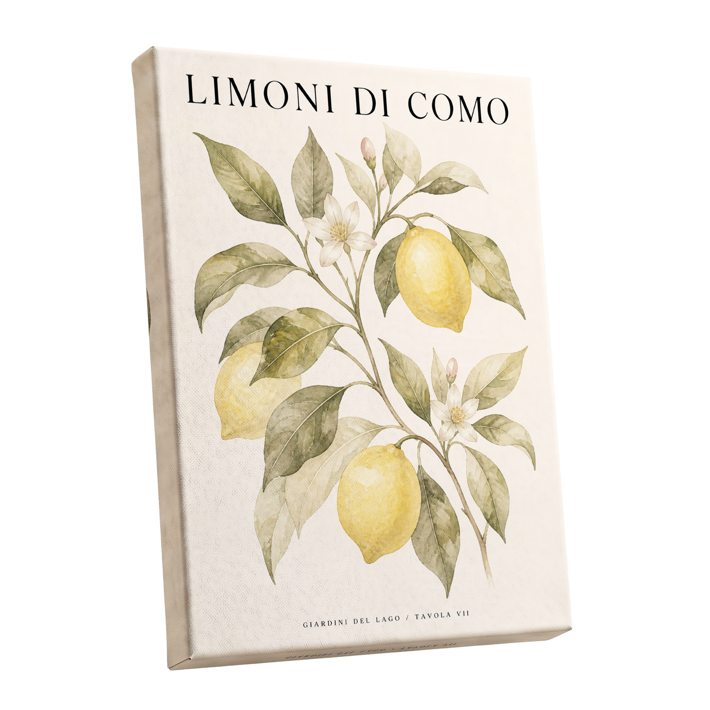 Lemons of Lake Como, yellow, green, beige nature wall art shown as a stretched canvas wall art