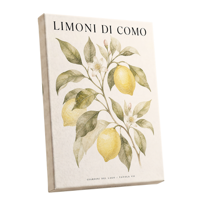 Lemons of Lake Como, yellow, green, beige nature wall art shown as a stretched canvas wall art