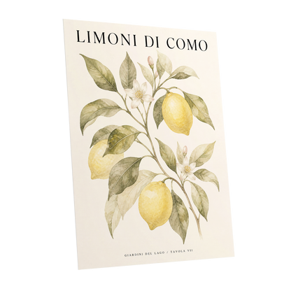 Lemons of Lake Como, yellow, green, beige nature wall art shown as a unframed poster wall art print