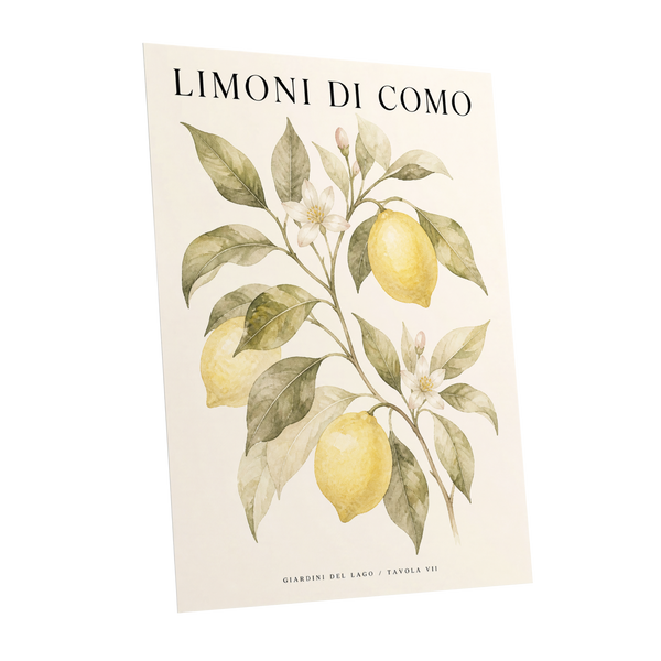 Lemons of Lake Como, yellow, green, beige nature wall art shown as a unframed poster wall art print