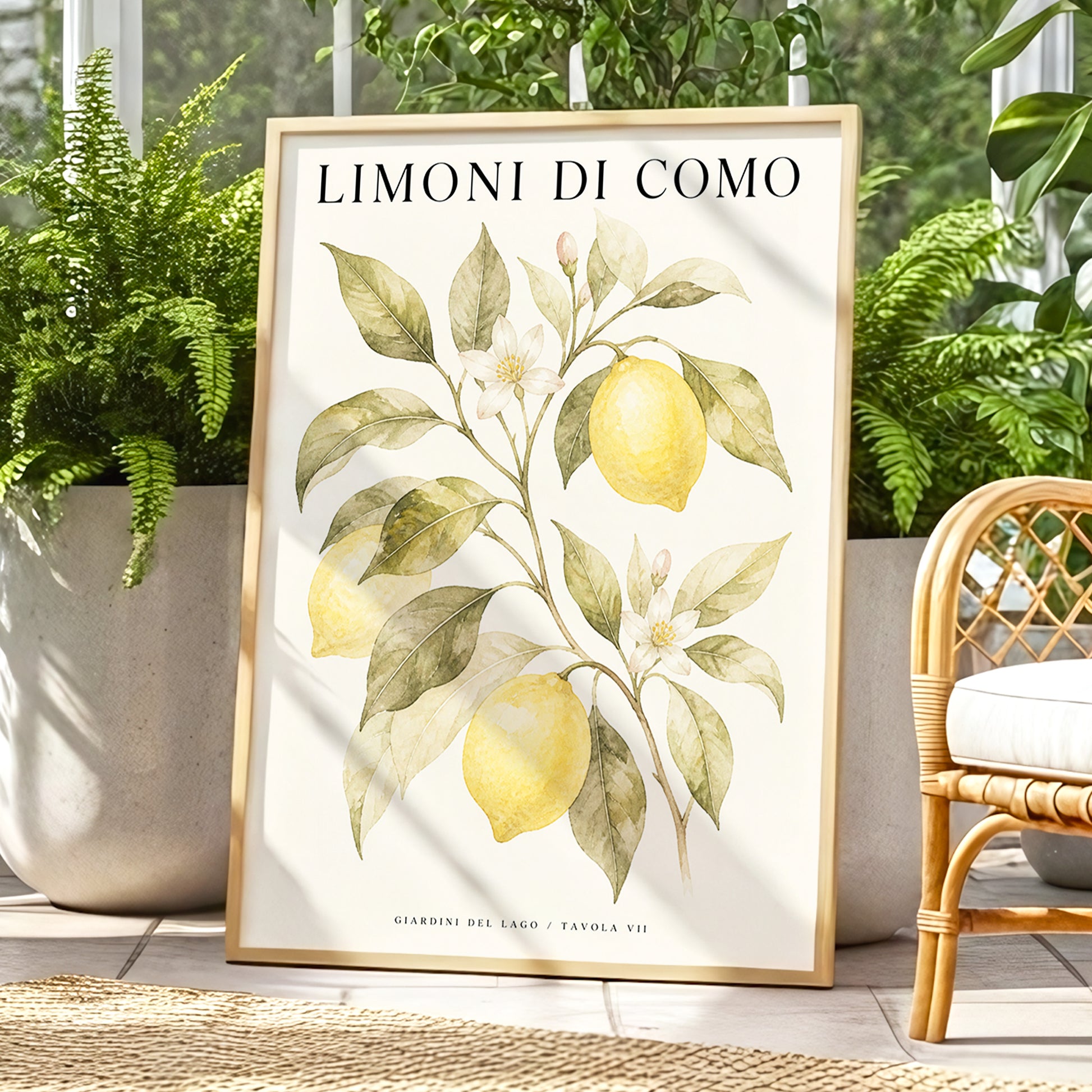 Lemons of Lake Como, yellow, green, beige nature wall art displayed in a styled interior, gallery view 1