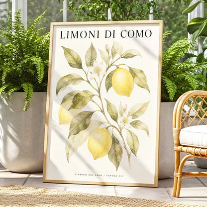Lemons of Lake Como, yellow, green, beige nature wall art displayed in a styled interior, gallery view 1