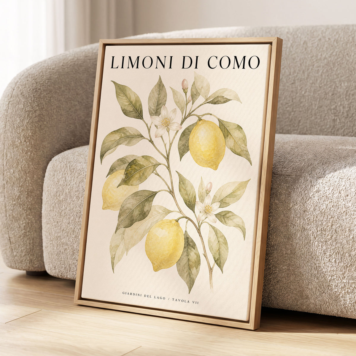 Lemons of Lake Como, yellow, green, beige nature wall art displayed in a styled interior, gallery view 2