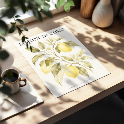 Lemons of Lake Como, yellow, green, beige nature wall art displayed in a styled interior, gallery view 3