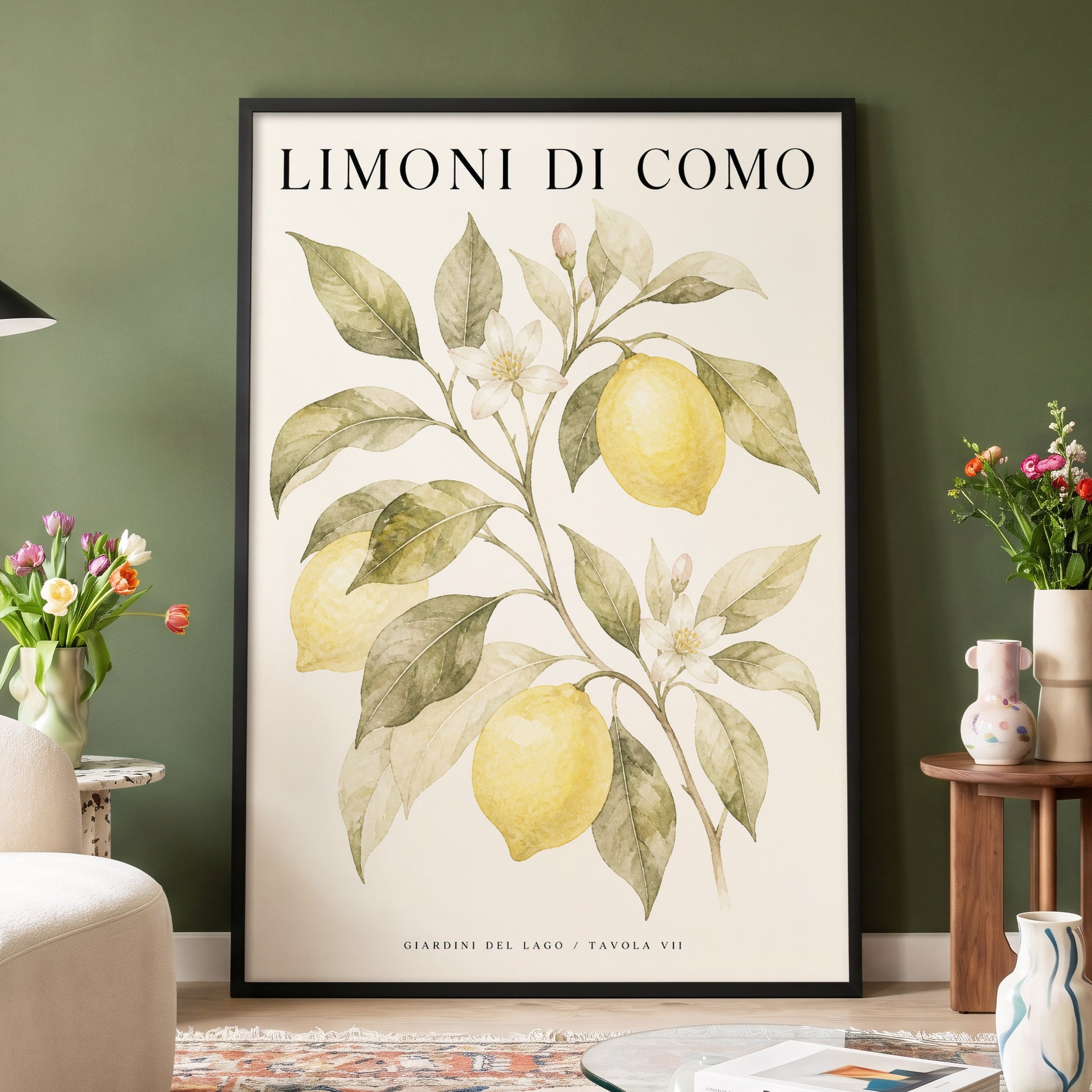 Lemons of Lake Como, yellow, green, beige nature wall art displayed in a styled interior, gallery view 4