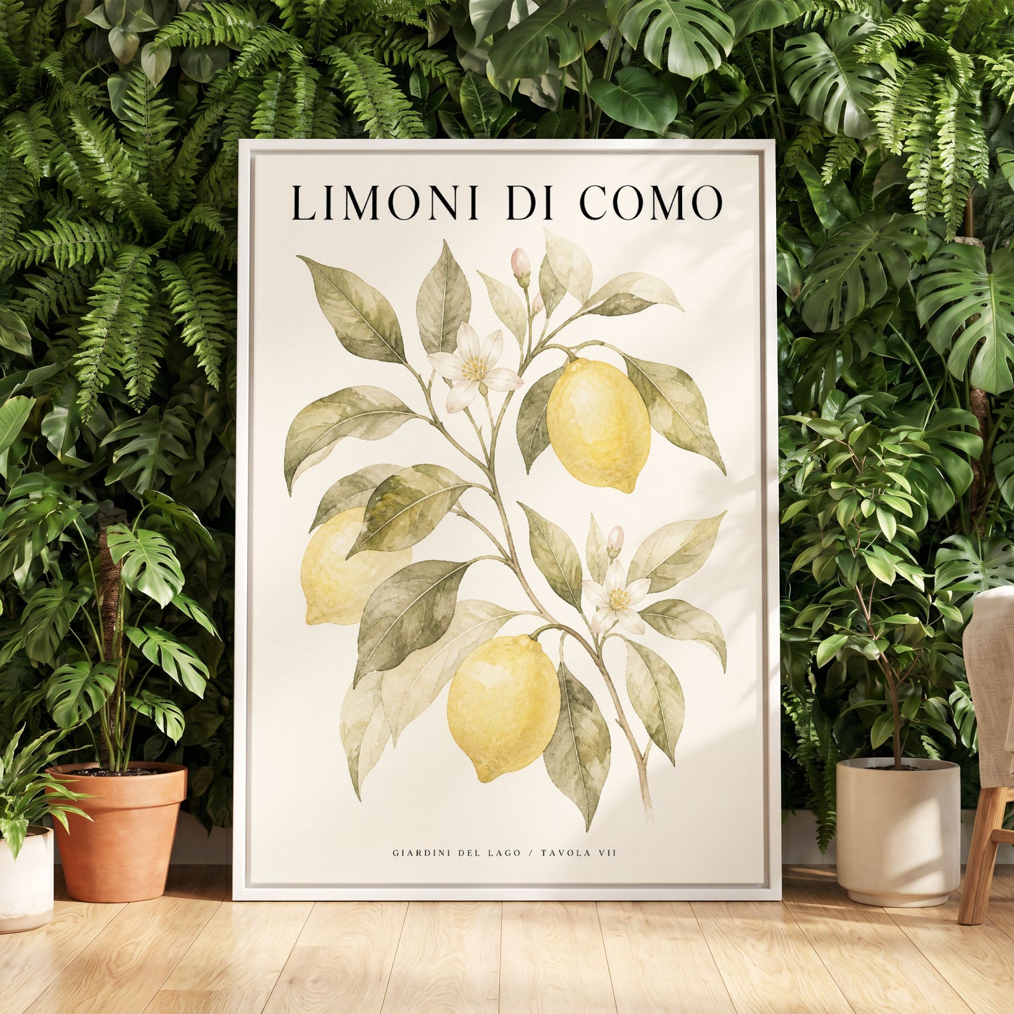 Lemons of Lake Como, yellow, green, beige nature wall art displayed in a styled interior, gallery view 5