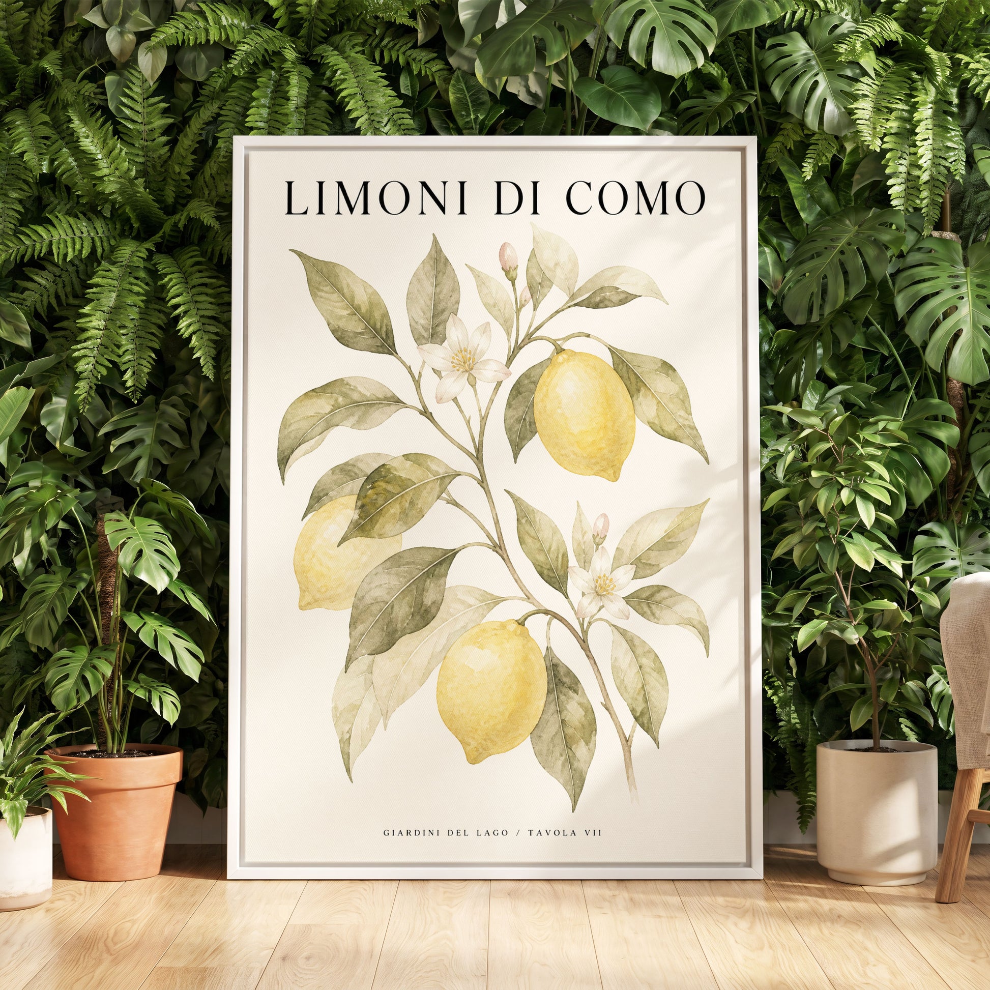 Lemons of Lake Como, yellow, green, beige nature wall art displayed in a styled interior, gallery view 5