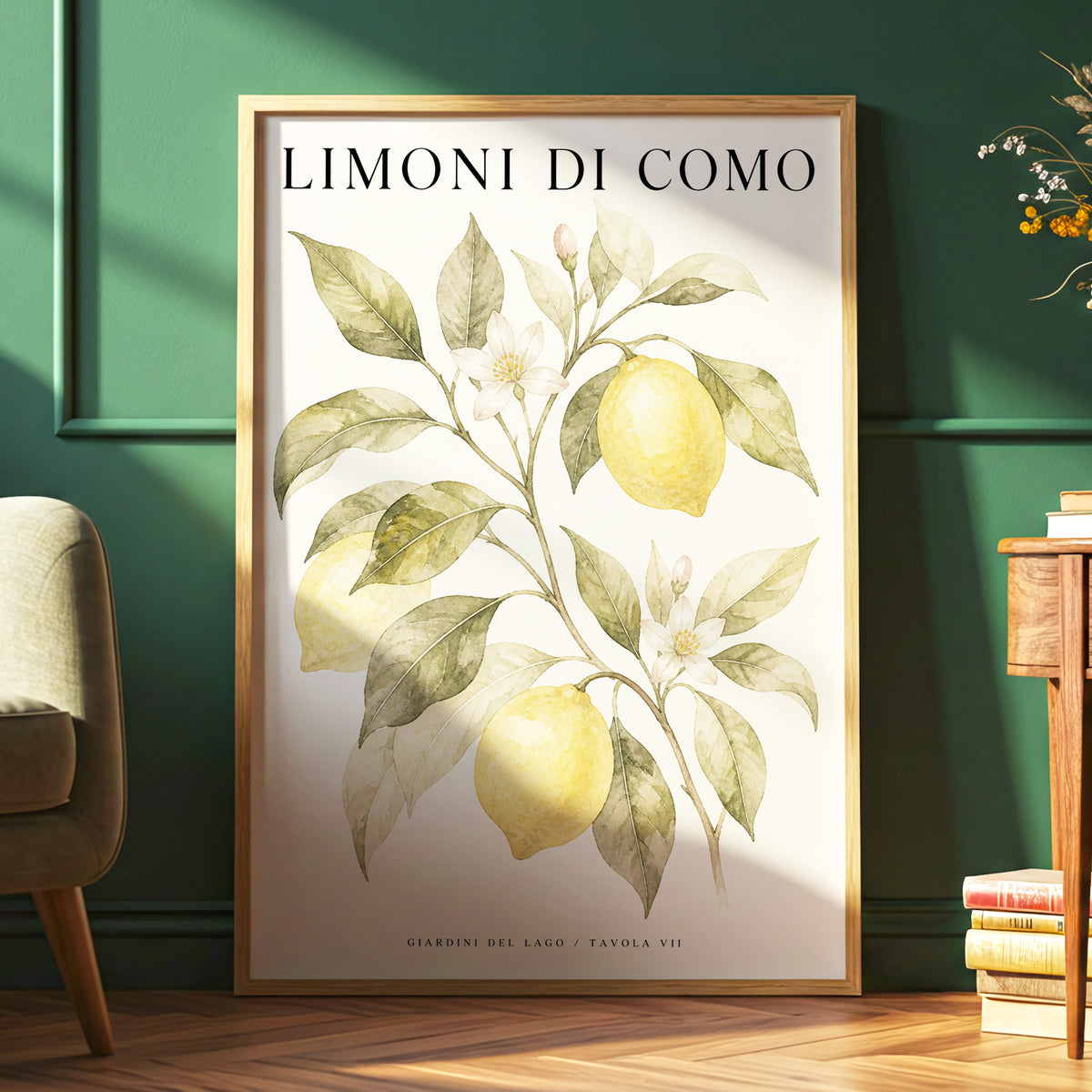 Lemons of Lake Como, yellow, green, beige nature wall art displayed in a styled interior, gallery view 6