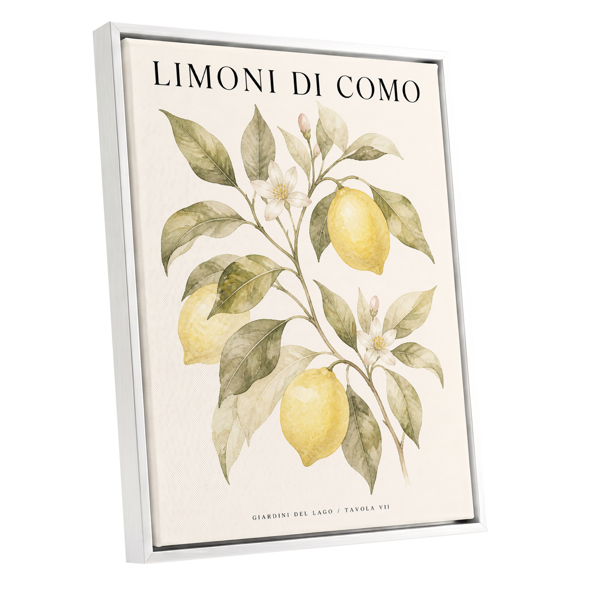 Lemons of Lake Como, yellow, green, beige nature wall art shown as a white framed canvas wall art