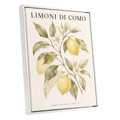 Lemons of Lake Como, yellow, green, beige nature wall art shown as a white framed canvas wall art